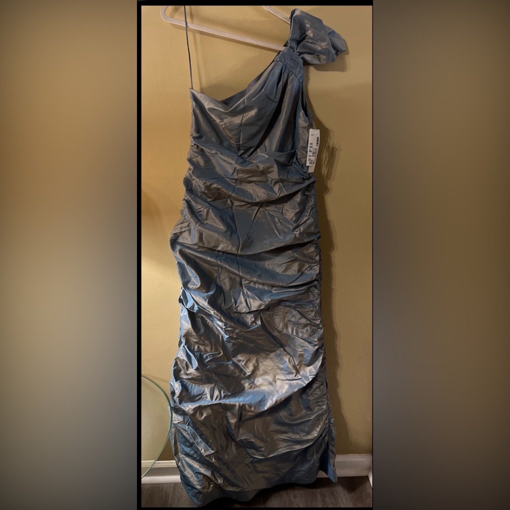 Teri Jon One Shoulder Draped Stretch Taffeta Gown Blue Metallic Sz 14 100 Silk
